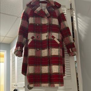 Sezane Red and White Pea Coat with Plaid Pattern